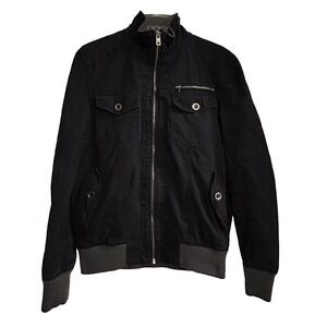 Guess Bomber Jacket Men Size S Black Full Zip Cotton Military Utility Mock Neck